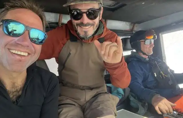 Jon Brizuela and the crew inside a snowcat on a cat skiing day